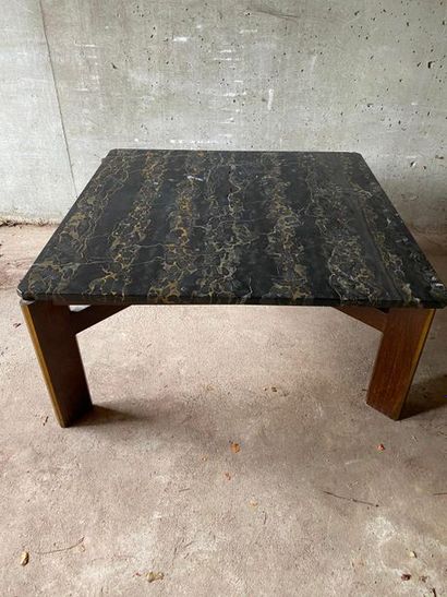 null square LOW TABLE, stained wood legs, marble top (broken). Width - Length 100...