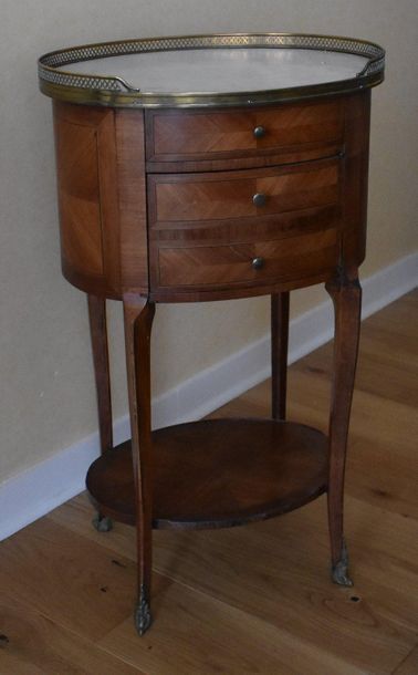 null Oval bedside table in veneer with one drawer and one door, curved legs with...