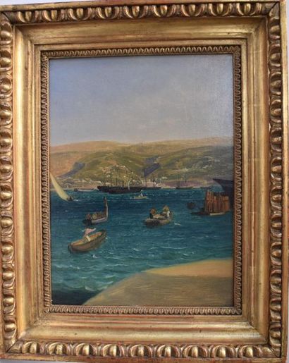 null CLOTH: Port scene. Monogrammed TE at the bottom left. Height. 30 - Width. 22...