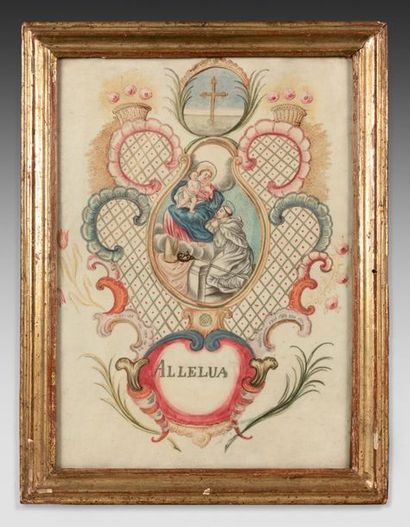 null Miniature sur parchemin représentant un saint Évêque agenouillé au pied de la...