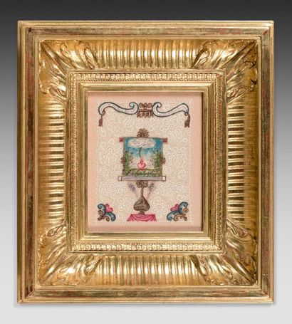 null Canivet on vellum with floral decoration enhanced with polychrome hearts in...