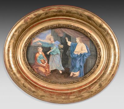 null Miniature gouachée figurant Le Christ, Marthe et Marie. 

XIXe siècle. 

Haut....
