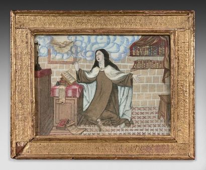 null Miniature gouachée représentant sainte Thérèse d’Avila dans sa cellule. Visitée...