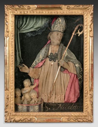 null Tableau en cire habillée de Nancy figurant saint Nicolas et les trois enfants...