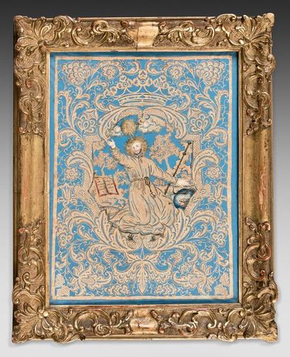 null Canivet sur vélin à décor floral avec la représentation de saint Ignace de Loyola...