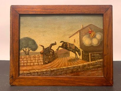 null Ex-voto, huile sur carton, figurant un jeune homme désarçonné par son cheval....