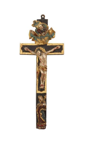null Baroque style reliquary cross in carved wood with polychrome and gold decoration....