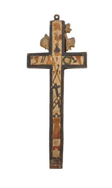 null Baroque style reliquary cross in carved wood with polychrome and gold decoration....