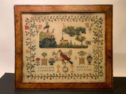 null Three pieces: cross-stitch embroidery under glass, framed piece "Escargots",...