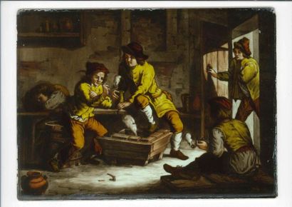 null Peinture sous verre à décor d'une scène de taverne hollandaise. XIXème siècle.

Haut....