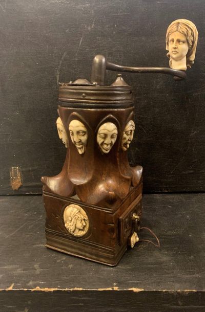 null Louis XIV style coffee mill in walnut with a back drawer, ivory medallions with...