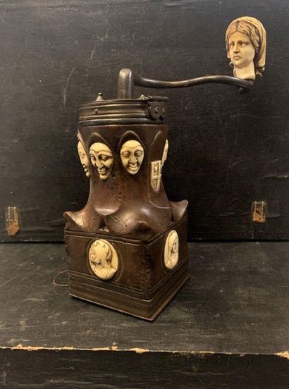 null Louis XIV style coffee mill in walnut with a back drawer, ivory medallions with...