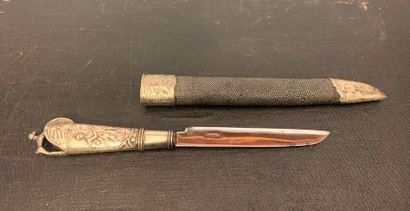 null Silver handle knife with embossed decoration of two figures in a shagreen case....