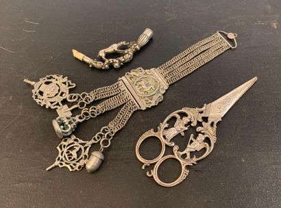 null Three silver pieces including a castelaine with charms (mane comb, seal to seal,...