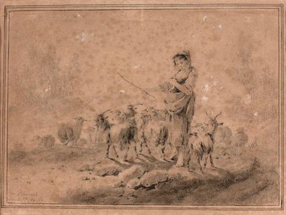 null Jean PILLEMENT (1728-1808) : Berger, bergère et leurs troupeaux. Paire de dessins...
