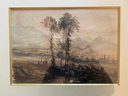 null ECOLE FRANÇAISE du XIXe siècle : Paysage d'Italie. Dessin au lavis et à l'aquarelle...