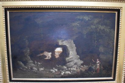 null ECOLE FRANÇAISE du début du XIXe siècle : Gardiens de moutons dans une grotte....