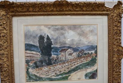 null André DUNOYER DE SEGONZAC (1884-1974) : Paysage aux vignes. Aquarelle signée...