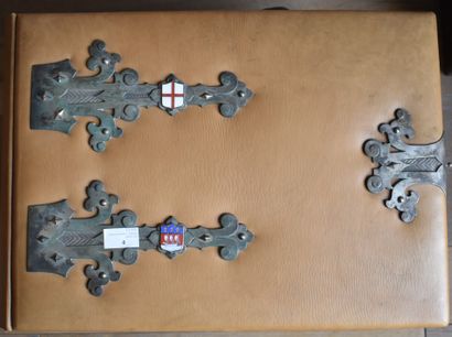  ALBUM made of leather, metal and enamel decorated with two coats of arms (Paris...