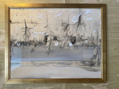 null DEUX PEINTURES sur papier ou panneau : Vue d'un pont de Paris - Paysage d'hiver...