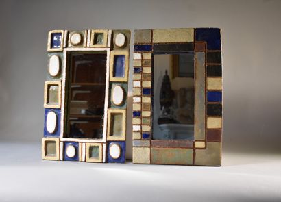 null TWO rectangular MIRRORS framed with geometric patterns in glazed ceramic. 1960s....