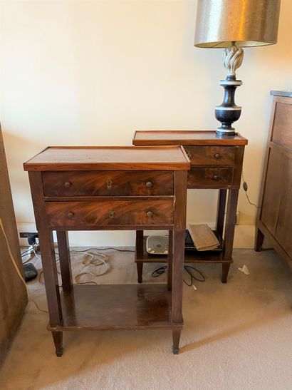 null TWO SMALL TABLES in mahogany veneer with two drawers and spacer shelf. 19th...
