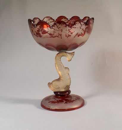 LARGE red Bohemian crystal bowl with dolphin...