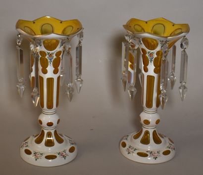 Pair of glass overlay jars with pendants....