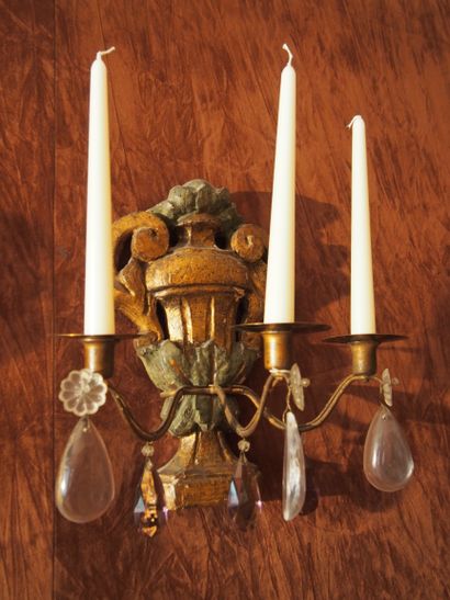 FOUR modern sconces in gilded wood and three-light...