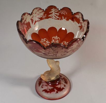 null LARGE red Bohemian crystal bowl with dolphin foot (restorations). Height. 31...
