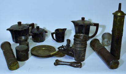 null METAL LOT: three North African coffee grinders, four ERCUIS coffee serving pieces,...