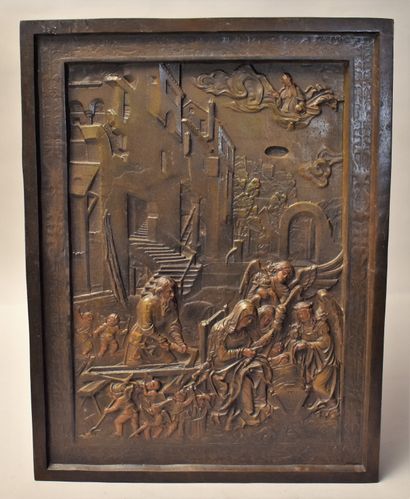 null PLAQUE rectangulaire en bronze : Sainte Famille. Cachet de fondeur. Haut. 44,5...