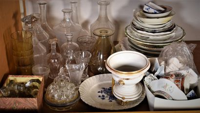 null LOT OF GLASSES: carafes, vases, cups, flowerpicks and LOT OF Dishes and various...