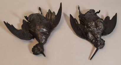 PAIR OF HUNTING TROPHIES in patinated bronze...