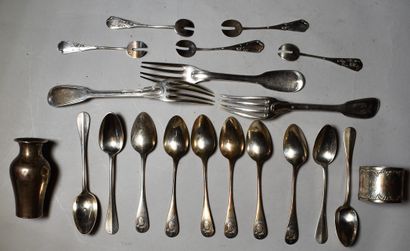 null SILVER LOT: three forks, ten teaspoons, five candy forks, napkin ring, small...