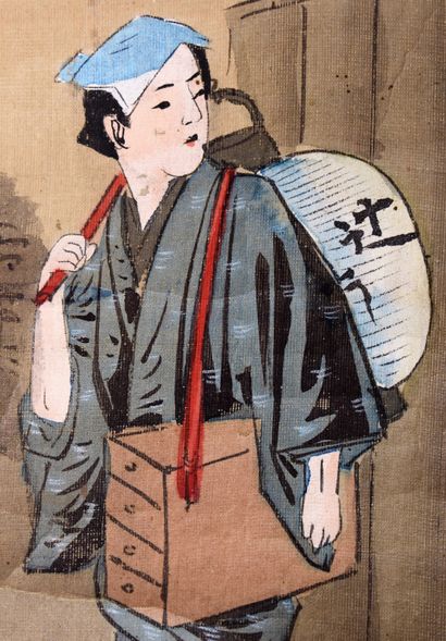 null JAPON, Epoque Meiji : DEUX KAKEMONOS à décor de jeunes femmes dans des paysages...