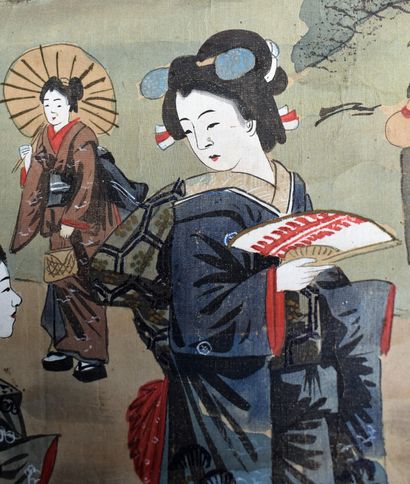 null JAPON, Epoque Meiji : DEUX KAKEMONOS à décor de jeunes femmes dans des paysages...