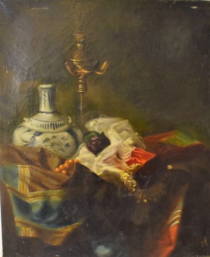null FRENCH SCHOOL circa 1900: Still life with oil lamp. Canvas signed lower right...