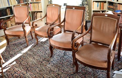 FOUR mahogany and veneer FAUTEUILS, armrests...