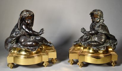PAIR OF CHENET HEADS in patinated and gilded...