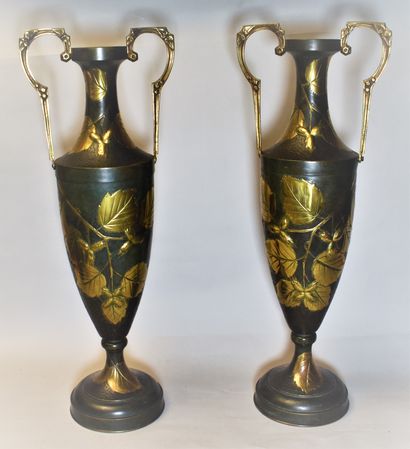 TWO LARGE VASES with handles in hammered...