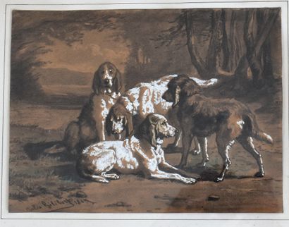 null Jules Bertrand GELIBERT (1834-1916): Hunting dogs. Drawing with black pencil...