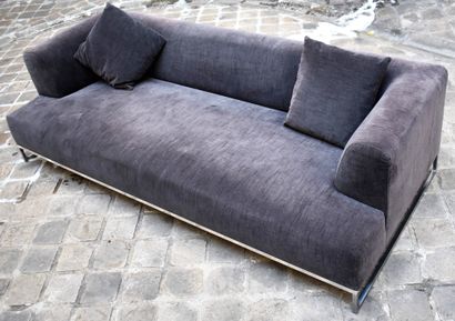 Modern brown velvet sofa with metal base...