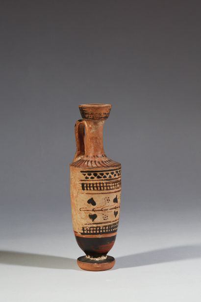 null 
Black-figured lekythos, decorated with several registers lined with squares...