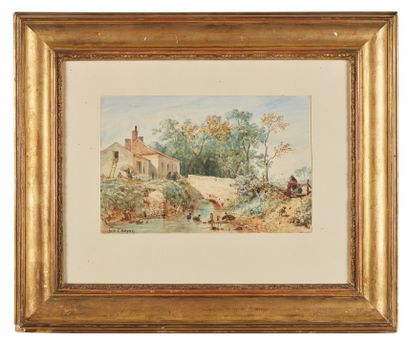 null Constant TROYON (1810-1865): The Bridge. Watercolour signed lower left. Height...