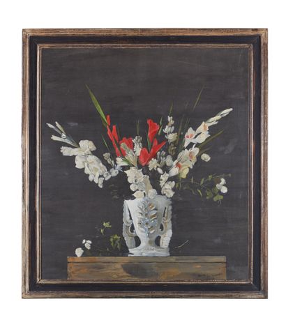 null Yannis TSAROUCHIS (1910-1989) : Vase of flowers on black background. Canvas...