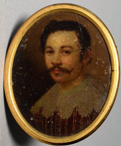 null MINIATURE ovale sur cuivre : Portrait d'homme au col de dentelle et moustache....