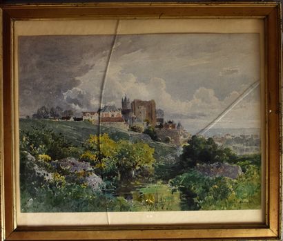 null AQUARELLE: View of a castle. Annotated on the right "Moret/side...". ( ?). Height...
