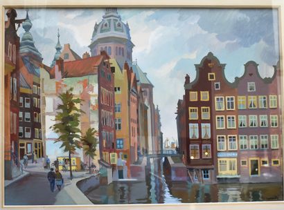 null Gaston MARTY (1905-1977): Canal in a northern town. Oil on cardboard. Height...