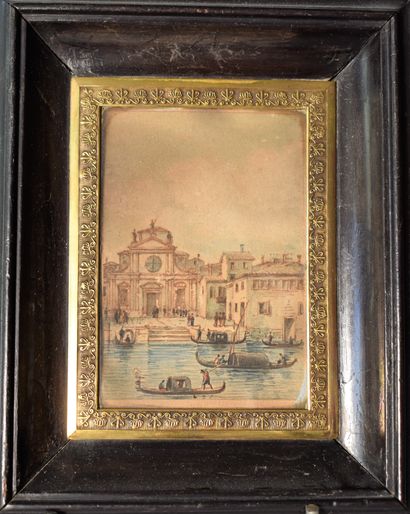 null QUATRE MINIATURES à l’aquarelle : Vues de Venise. Fin du XIXe siècle. Haut....